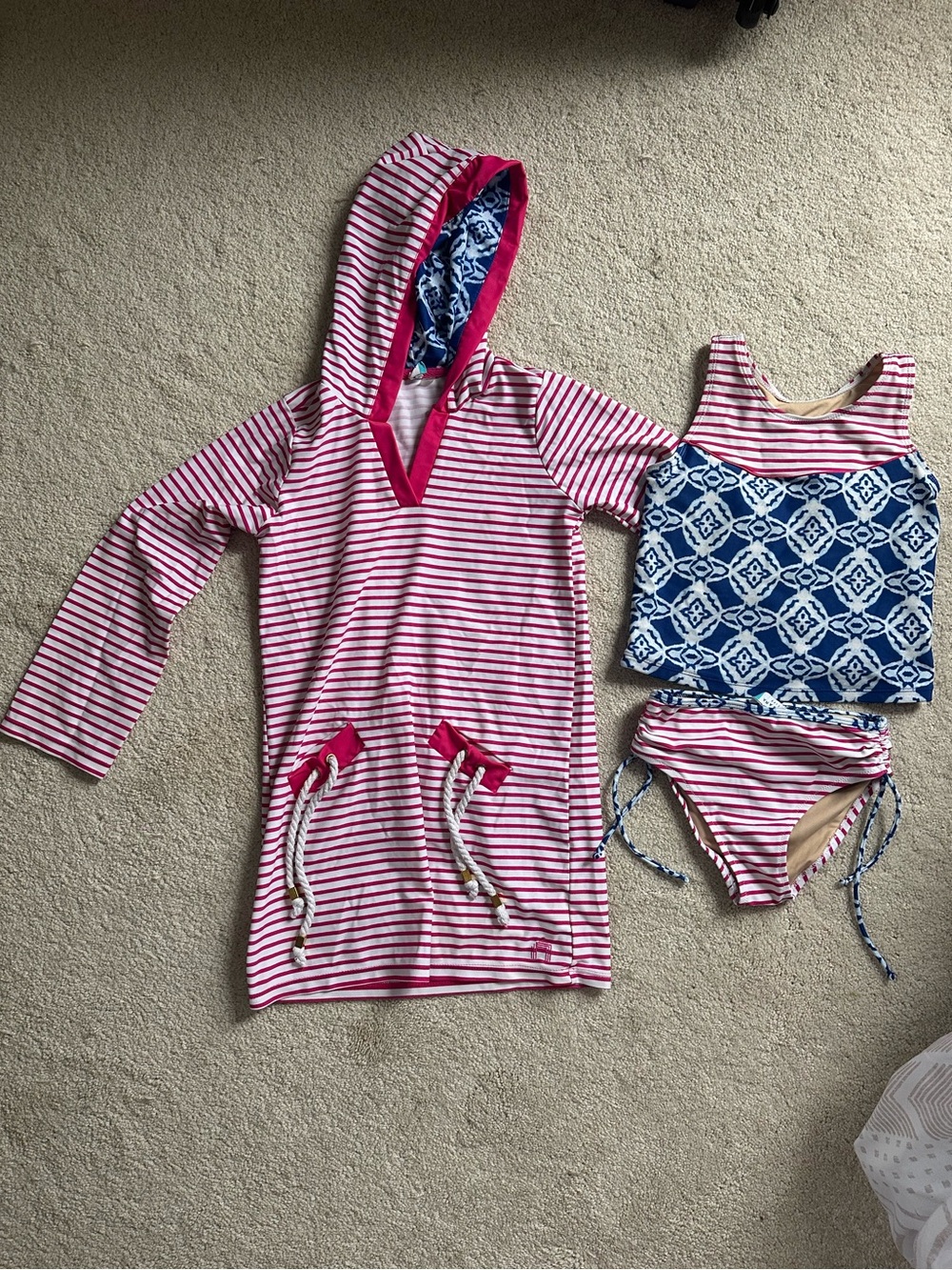 Cabana Life Pink & White Stripe Hooded Coverup with Blue Pattern Tankini